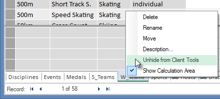 how to hide tables from Excel Client Tools