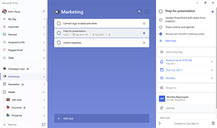 Screenshot of Marketing list open with task Prep for presentation selected.