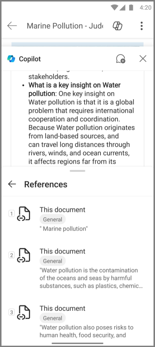 Screenshot of Copilot in Word on Android device with References for Copilots response