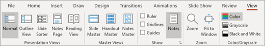 Notes and presentation view options on the PowerPoint View tab