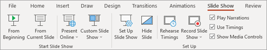 Start Slide Show and Set Up options on the PowerPoint Slide Show tab