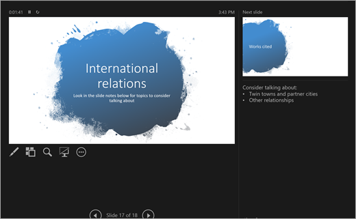 PowerPoint Presenter View with the current slide, next slide, notes, and timer