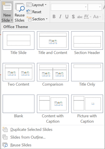 PowerPoint New Slide menu showing available slide layouts
