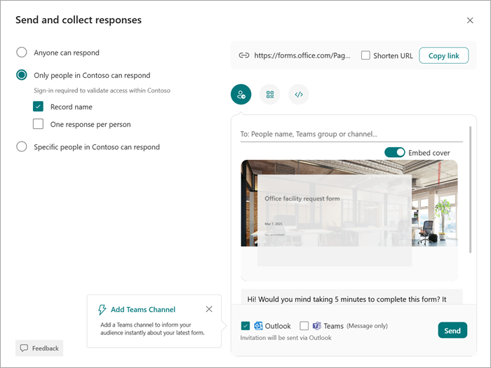 Screenshot of the Send and collect dialog box where you can choose who can view and respond to your form or quiz.