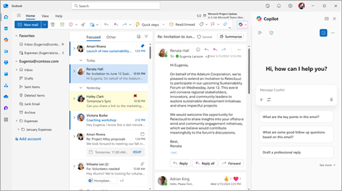 Screenshot of Outlook showing Copilot Chat pane