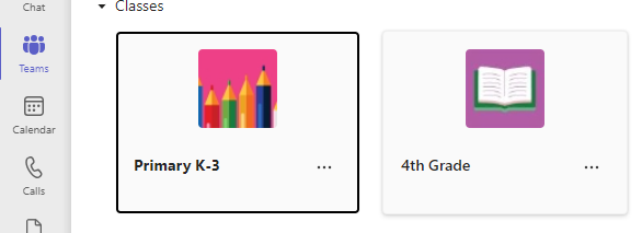 Classes view with Primary K-3 and 4th Grade team cards