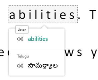 Translation card showing abilities translated into Telugu.