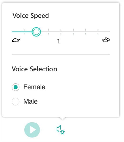 Voice Settings menu with controls for voice speed and voice selection.