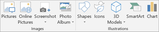 Pictures and illustration options on the PowerPoint Insert tab
