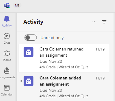 Activity feed with assignment notifications