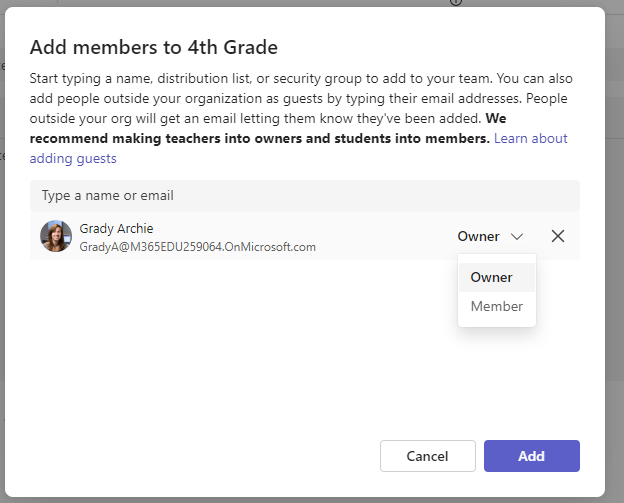 Owner role selected in the Add members dialog