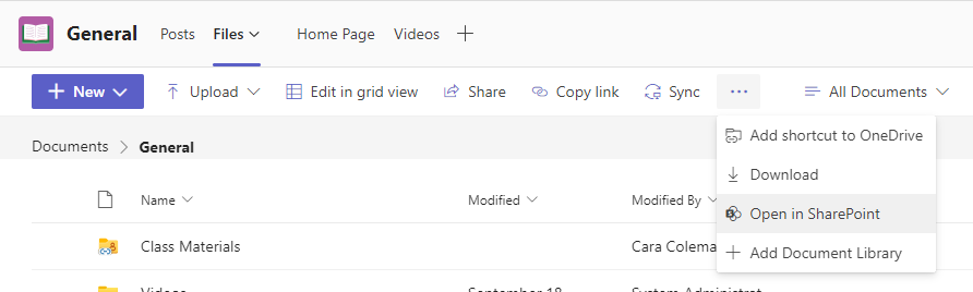 Files tab menu with Open in SharePoint selected