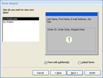 Screenshot that shows the subform page of the Form Wizard