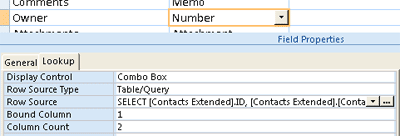 Screenshot that shows using a table or query as the data source for a lookup field.
