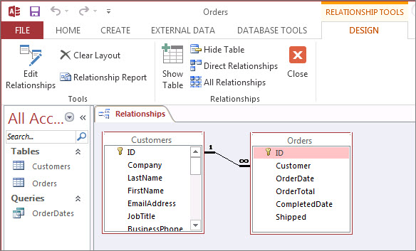 The Access Relationships window