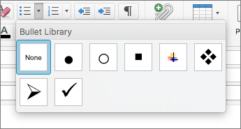 Available bullet style options in the Bullet Library in Outlook for Mac.