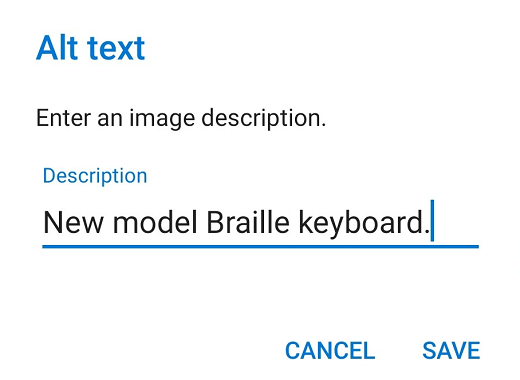 Outlook for Android alt text dialog box.