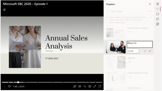 A video is open in a browser. To the right of the video, text fields are highlighted to indicate a user can click in them to edit a chapters title and description.