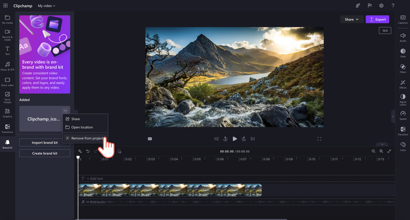 Select share brand kit from the context menu to create a shareable link and send it to others in your organization.