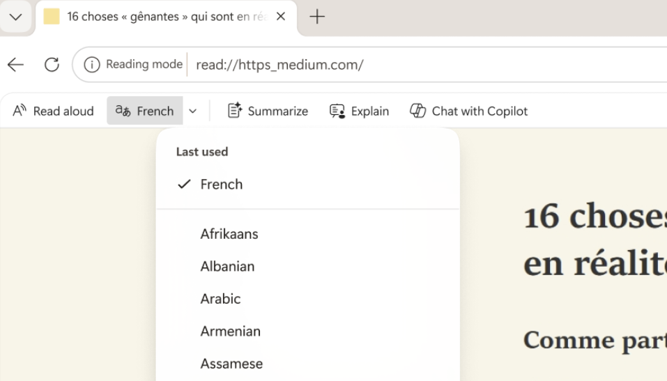 Screenshot of Reading mode Translate.