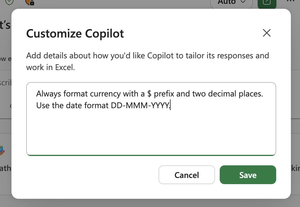 Screenshot of the Copilot in Excel personalization dialog, including examples in the text area.
