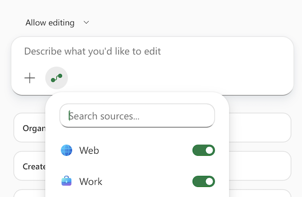 Screenshot of the Copilot in Excel prompt field with the Select sources menu open.