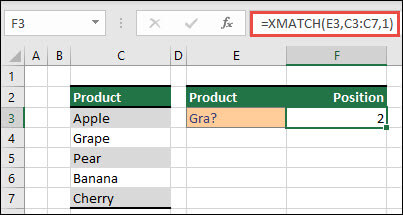 An Excel table listing different fruit products from cell C3 to C7. The XMATCH formula is used to find the position in the table where the text matches gra (defined in cell E3). The formula returns 2 as the text Grape is in position two in the table.