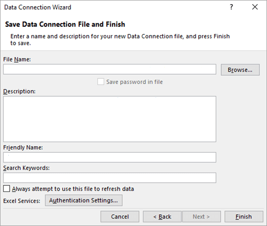 Screenshot that shows how to save the data connection file.