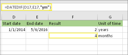=DATEDIF(D17,E17,ym) and result: 4