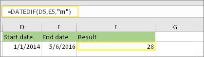 =DATEDIF(D5,E5,m) and result: 28