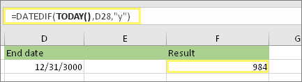 =DATEDIF(TODAY(),D28,y) and result: 984
