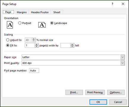 Screenshot of Page Setup > Page options