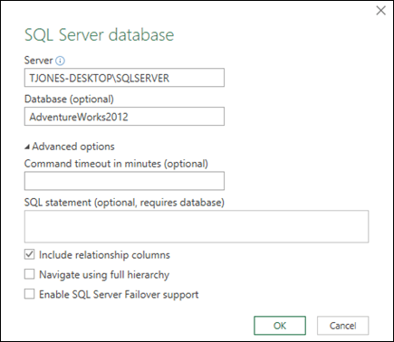 Screenshot shows the Power Query SQL Server Database connection dialog.