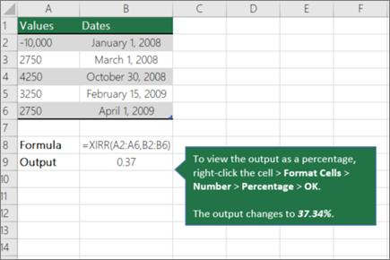 Screenshot that shows an example of XIRR function.
