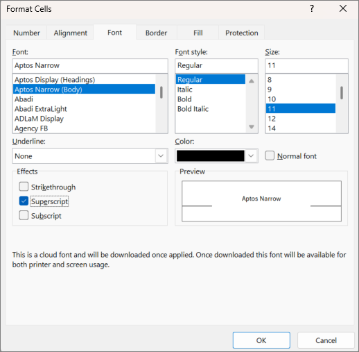 Screenshot of the Format Cells dialog box with Font tab selected.