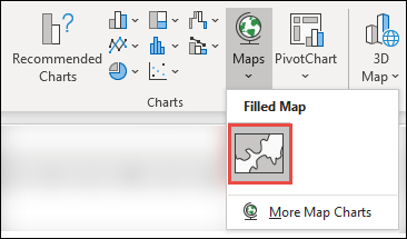 To insert a Map chart, select any cell within your data range, then go to Insert > Charts > Maps > select the Filled Map icon.