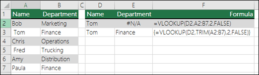 Using VLOOKUP with TRIM in an Array formula to remove leading/trailing spaces. Formula in cell E3 is {=VLOOKUP(D2,TRIM(A2:B7),2,FALSE)}, and needs to be entered with CTRL+SHIFT+ENTER.