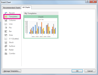 Screenshot that shows the Templates folder on the All Charts tab in the Insert Chart dialog box.