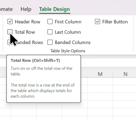 Cursor hovering over Total Row checkbox in Table Design menu