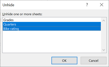 The Unhide dialog box.