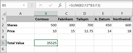 Screenshot that shows an example of an array formula calculating a single result.