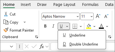Screenshot of the Font group of buttons for use with changing font style in a cell.