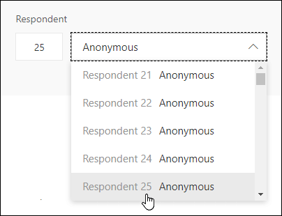 Enter a specific number in the respondent search box to see the details of that individuals response in Microsoft Forms