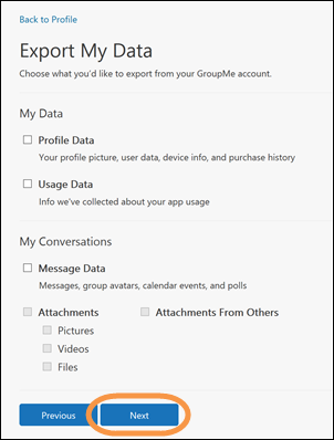 The Export my data window in GroupMe with the Next button highlighted