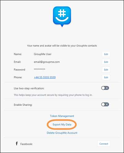 The GroupMe profile with Export my data highlighted