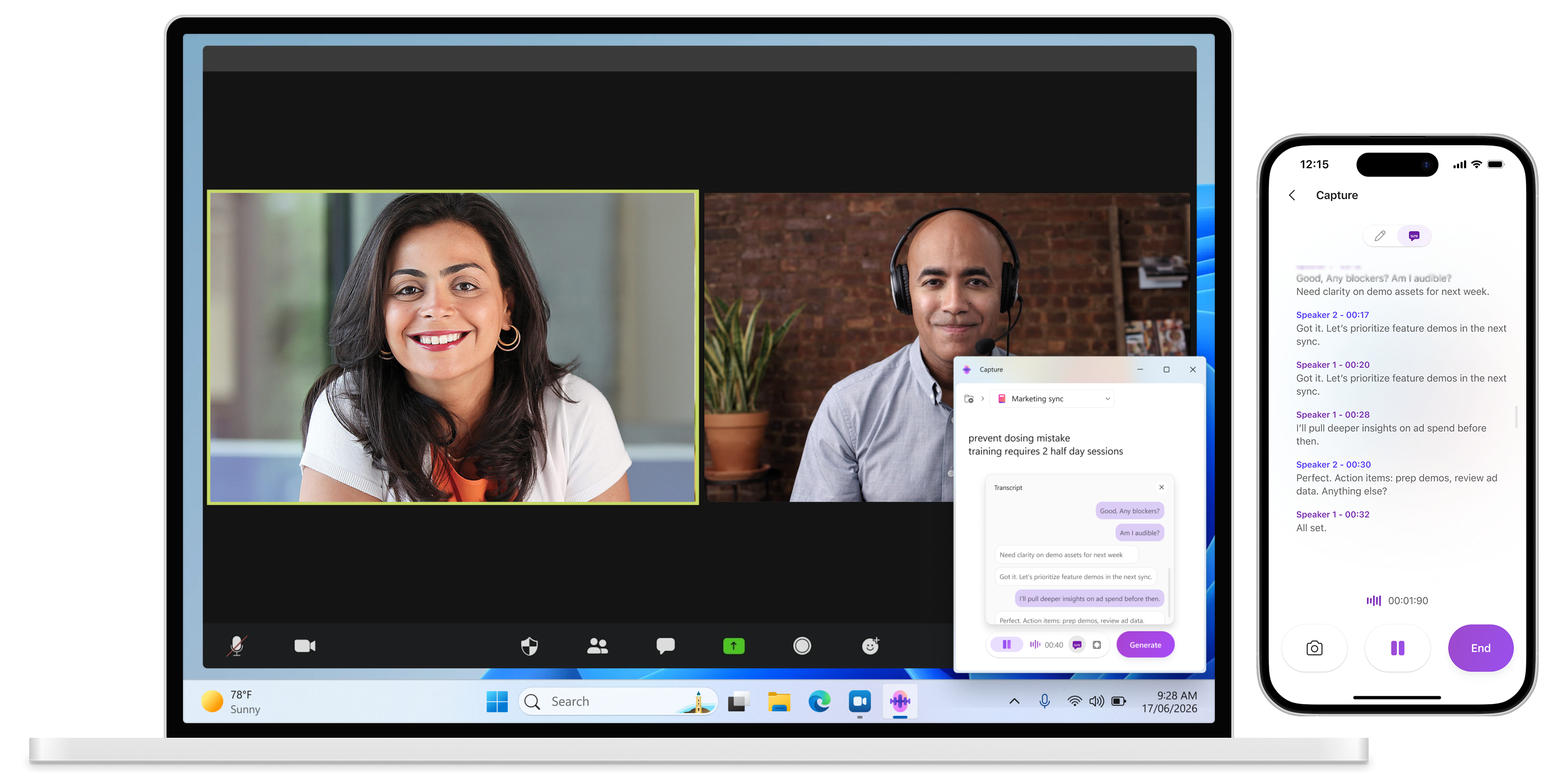 Screenshot of Capture transcribing a third-party meeting on Windows.