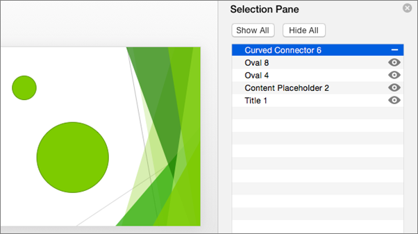 Shows the hide functionality in Office 2016 for Macs Selection Pane