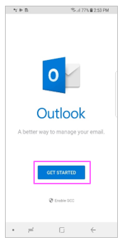 The screenshot shows Intune app protected Outlook Get Started option.