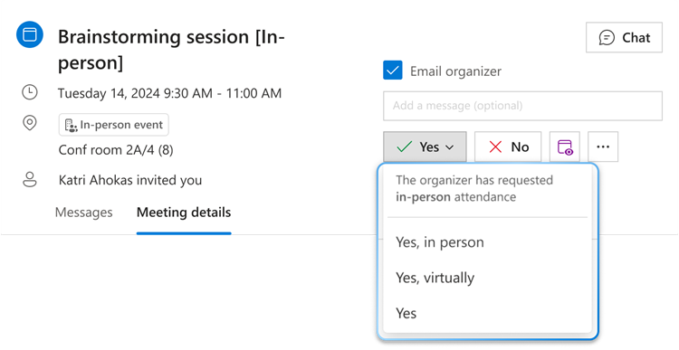 Image shows the hybrid RSVP menu button for Yes with its dropdown expanded, where one can see three different options: Yes, in person, Yes, virtually and Yes.