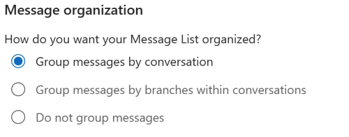 Screenshot of Settings > Mail> Reading Pane showing Message organization section.